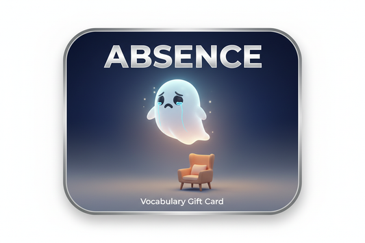 3D cartoon gift card featuring the word ABSENCE