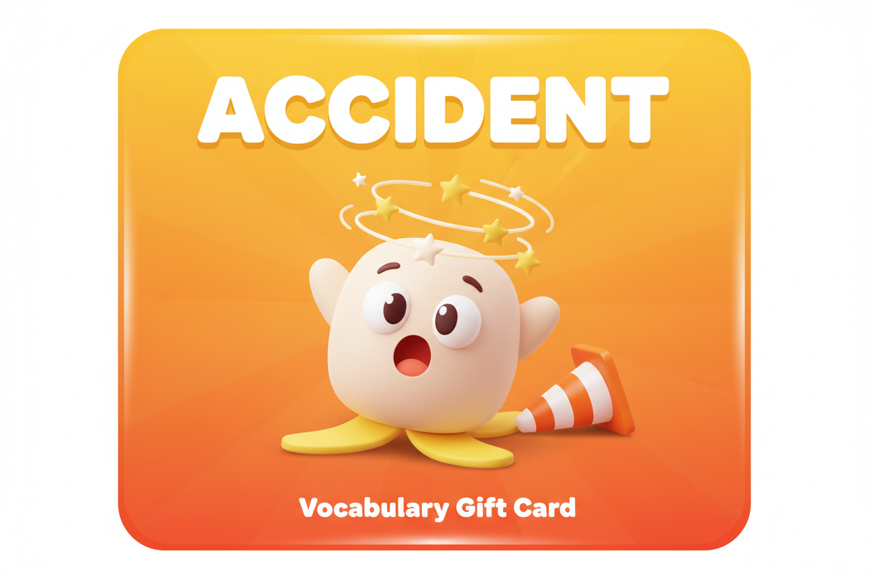 3D cartoon gift card featuring the word ACCIDENT
